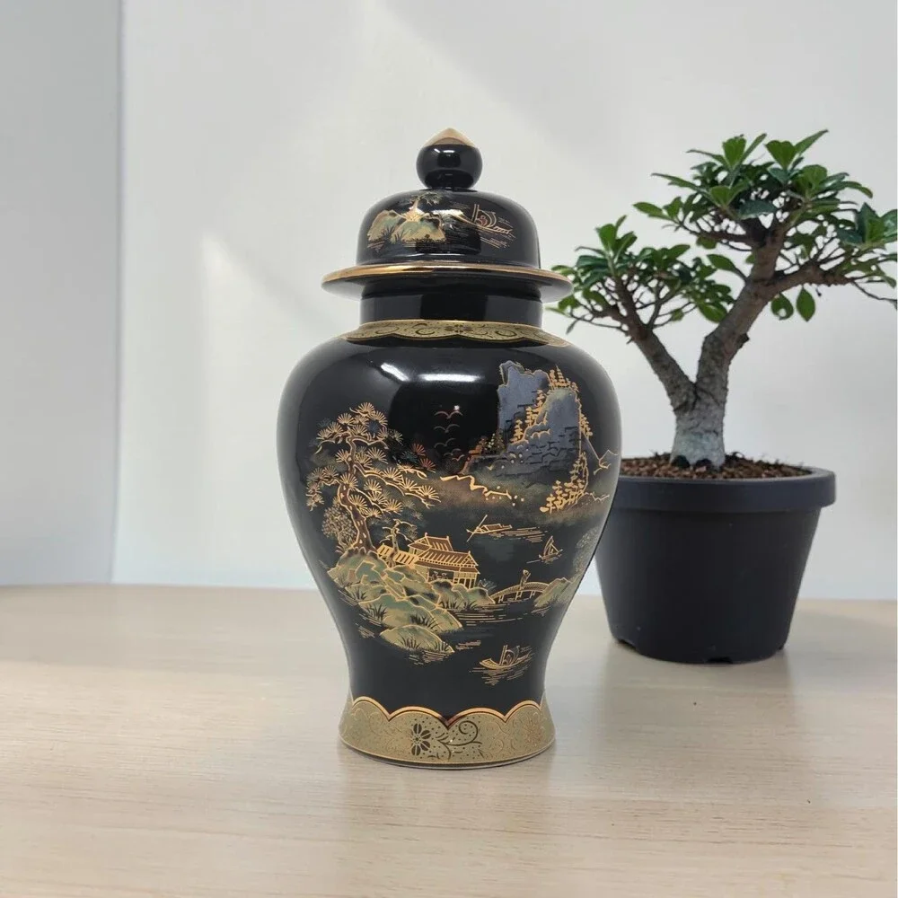 Vintage‎ Japanese Black Gold Ginger Jar Lidded Urn Scenic Landscape Decor